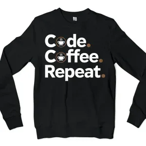 Code Coffee Repeat Men/Unisex Long Sleeve Sweatshirt in Black Color