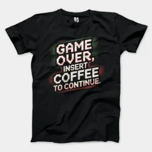 Black t-shirt with gaming coffee quote design.