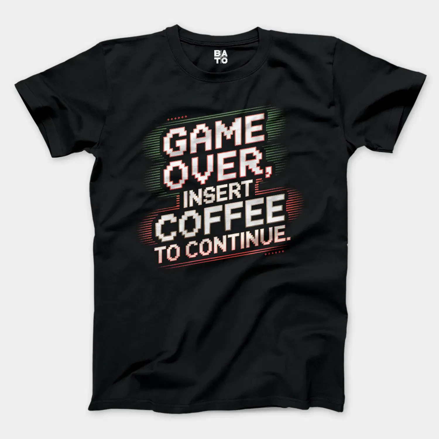 Black t-shirt with gaming coffee quote design.