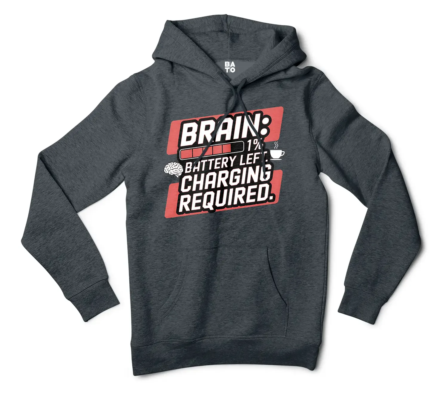 Brain: 1% Battery Left. Charging Required Men/Unisex Hoodie in Charcoal Heather Color