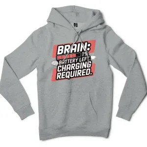 Brain: 1% Battery Left. Charging Required Men/Unisex Hoodie in Grey Heather Color