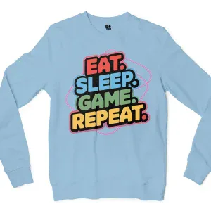 Eat Sleep Game Repeat Men/Unisex Long Sleeve T-Shirt in Light Blue Color