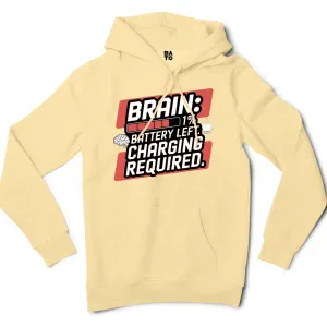 Brain: 1% Battery Left. Charging Required Men/Unisex Hoodie in Light Yellow Color