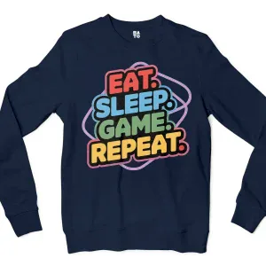 Eat Sleep Game Repeat Men/Unisex Long Sleeve Sweatshirt in Navy Color