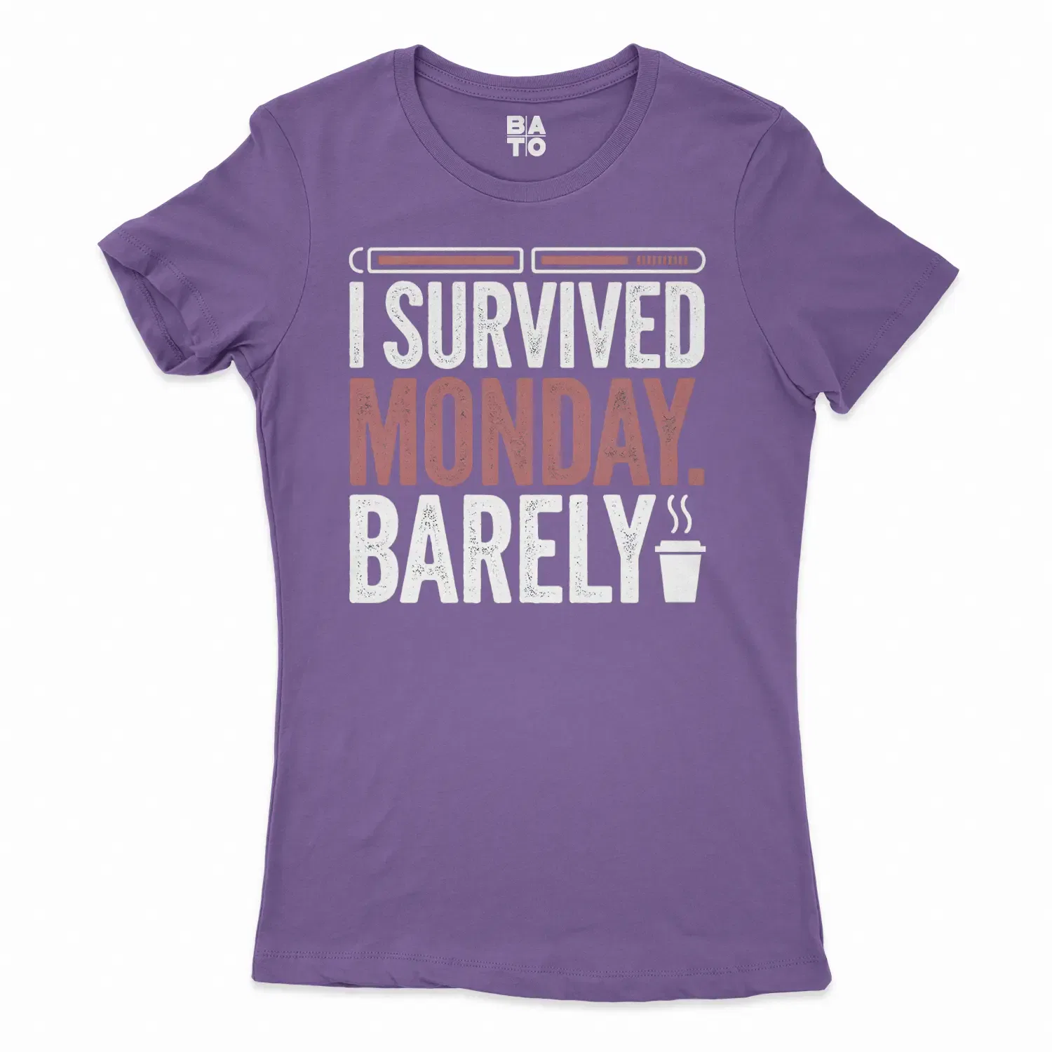 I Survived Monday, Barely Women's T-Shirt in Solid Purple Rush Color