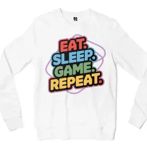 Eat Sleep Game Repeat Men/Unisex Long Sleeve T-Shirt in White Color