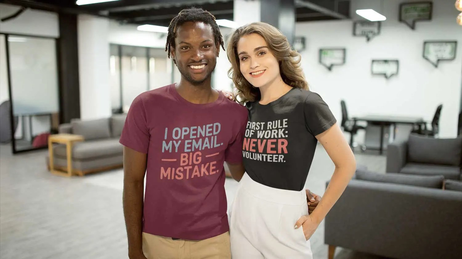 Collegues Posing for a Photo in the Office wearing T-Shirts from Bored at the Office
